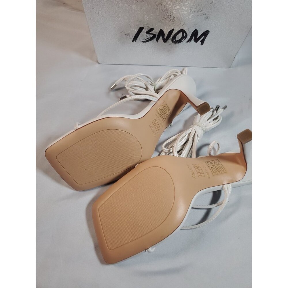 ISNOM White Women Heeled Sandals with Lace Up Strappy Ankle Size US 8 EU 38 - Picture 4 of 11